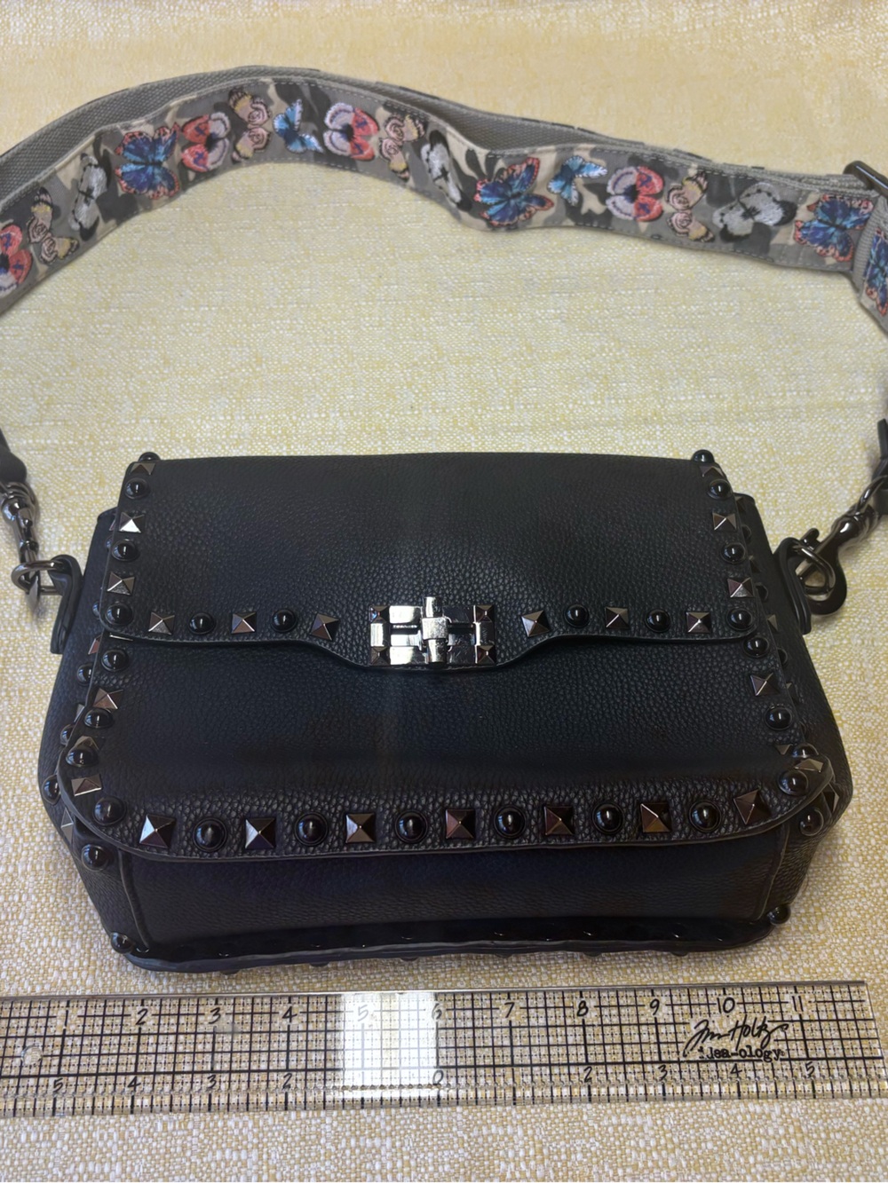 Valentino Black Studded Leather Crossbody with Floral Strap